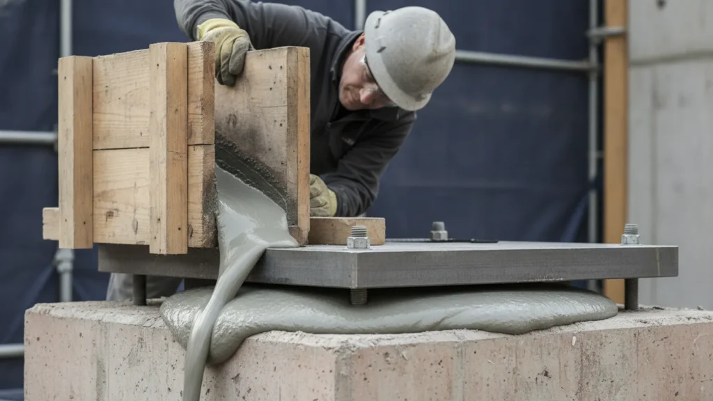 A steel column base plate on a concrete pedestal being grouted from one side, grey fluid grout flowing under the plate o