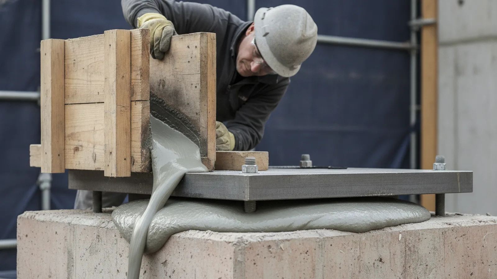A steel column base plate on a concrete pedestal being grouted from one side, grey fluid grout flowing under the plate out of a timber head 