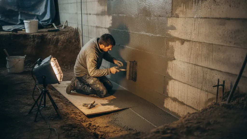 A below-ground basement retaining wall where a worker kneels brush-applying a grey cementitious coating onto damp concre