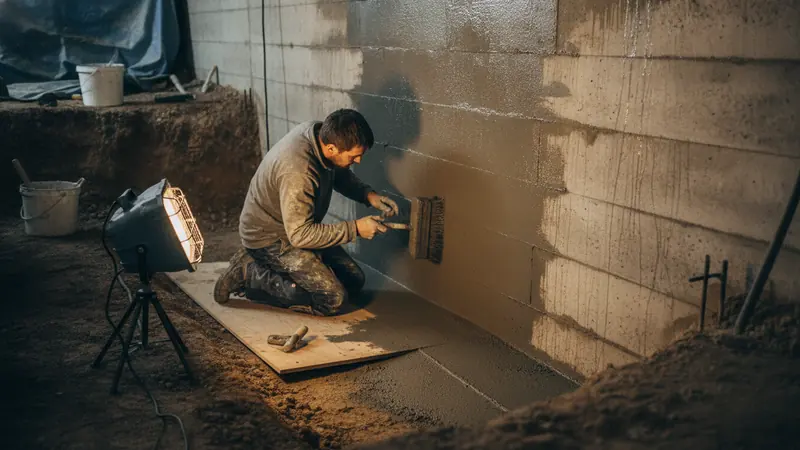 A below-ground basement retaining wall where a worker kneels brush-applying a grey cementitious coating onto damp concre