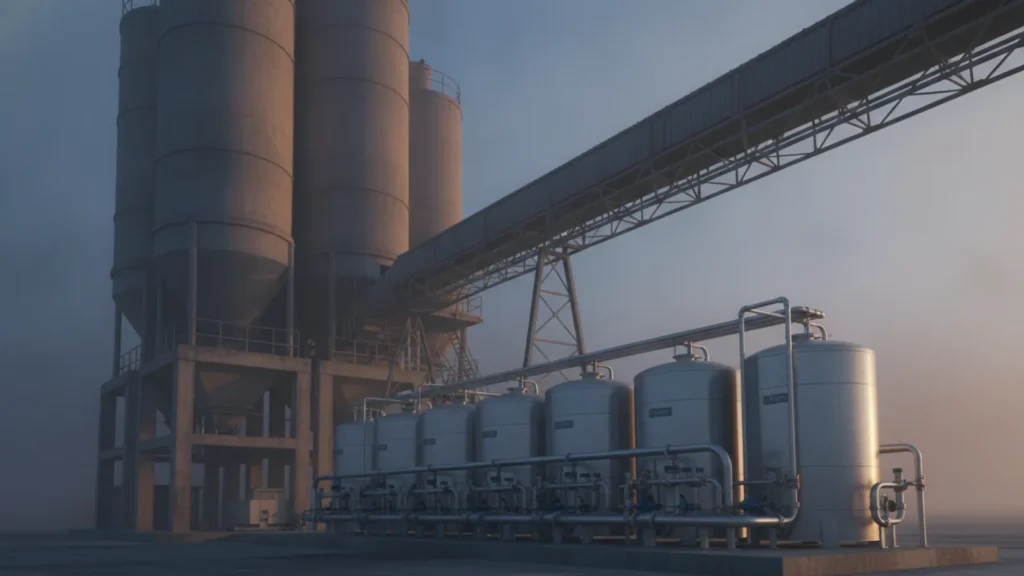 A concrete batching plant seen from ground level, tall aggregate silos and a conveyor overhead, a bank of plain stainles