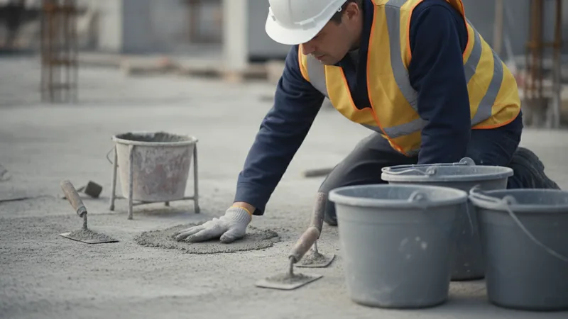 A site engineer in a hard hat and hi-vis vest kneeling on a bare concrete slab with a gloved hand flat on the surface, m