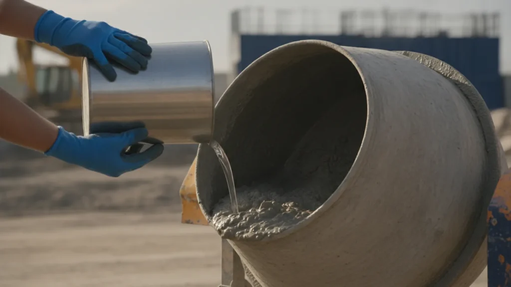Gloved hands tipping a clear liquid admixture from a plain steel pail into the rotating drum of a site concrete mixer, w