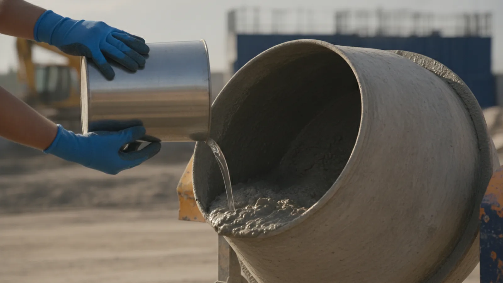 Gloved hands tipping a clear liquid admixture from a plain steel pail into the rotating drum of a site concrete mixer, wet grey slurry churn