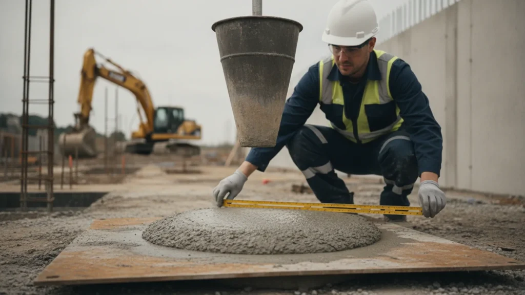 A slump cone lifted clear of fresh grey concrete on a steel base plate at a construction site, the mix slumping and spre