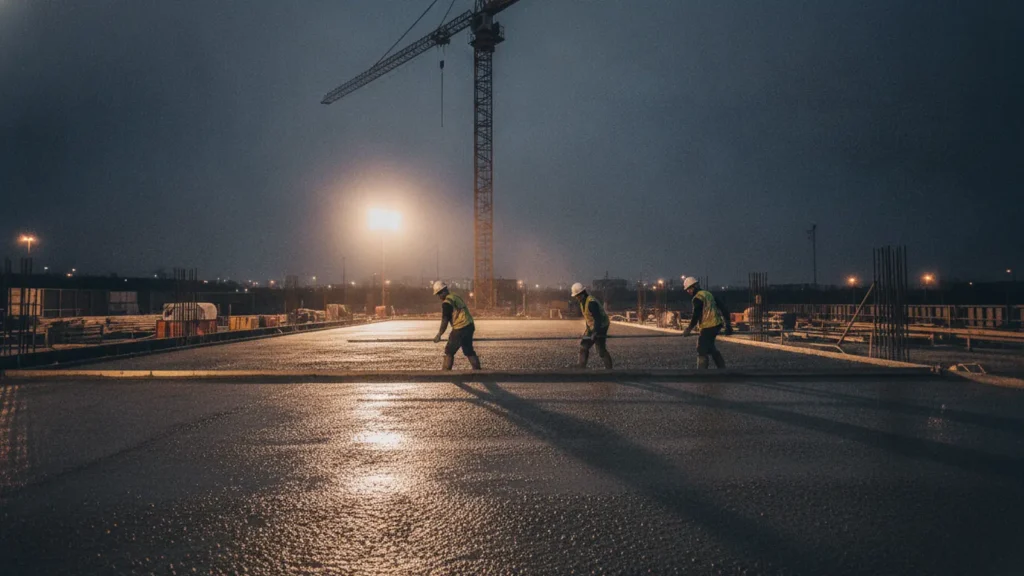 A long continuous concrete raft pour at dusk under bright site floodlights, three workers walking a screed board across