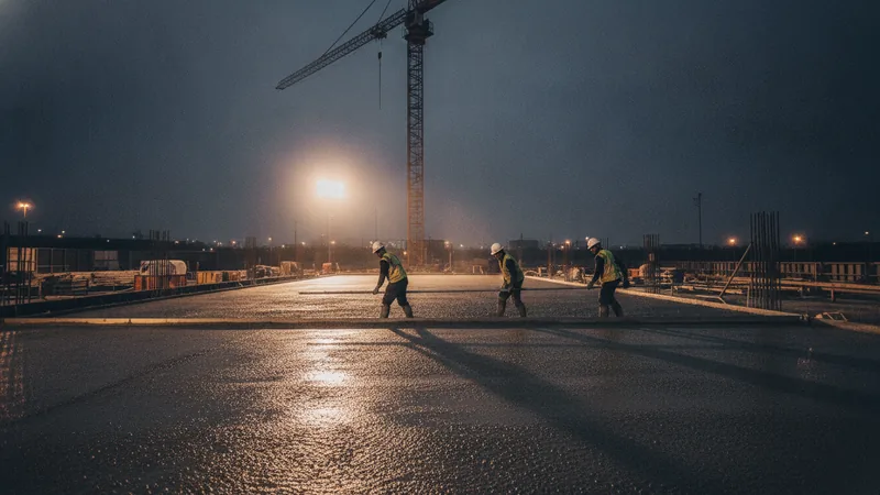 A ready-mix truck chute discharging grey concrete into a formwork bay on a sunlit construction site while a worker in a