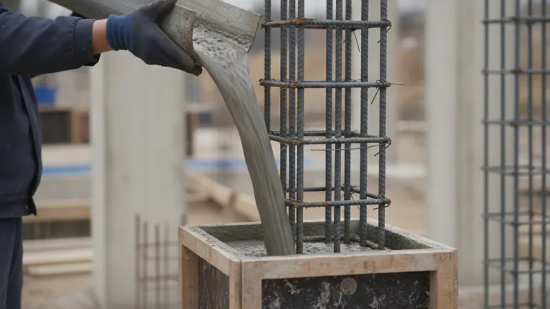 Close-up of highly fluid grey concrete spreading off a lifted slump cone onto a steel plate during a site slump-flow tes