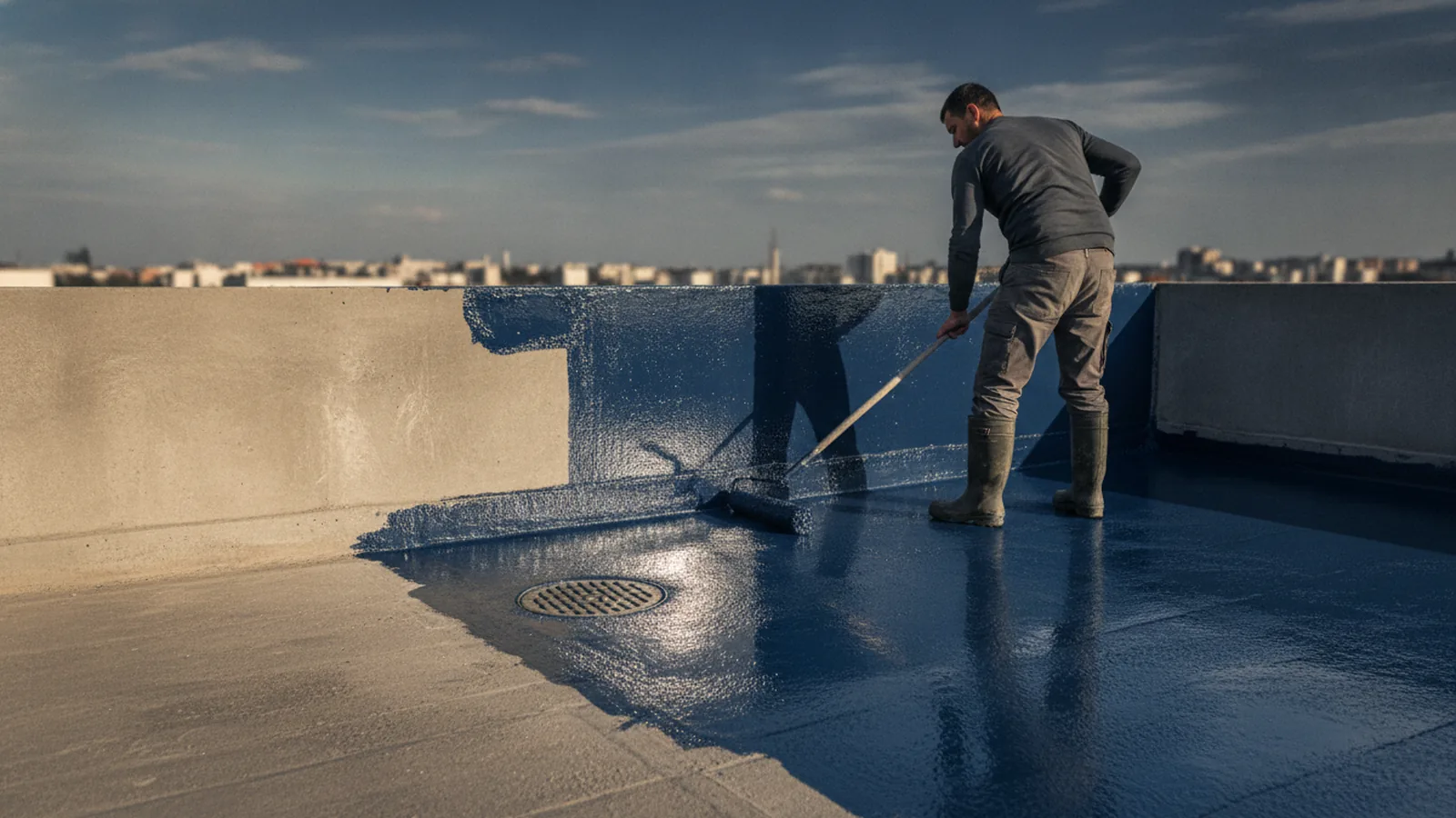 A worker in rubber boots rolling a thick liquid waterproofing coating across a swept concrete terrace, the wet coat glis