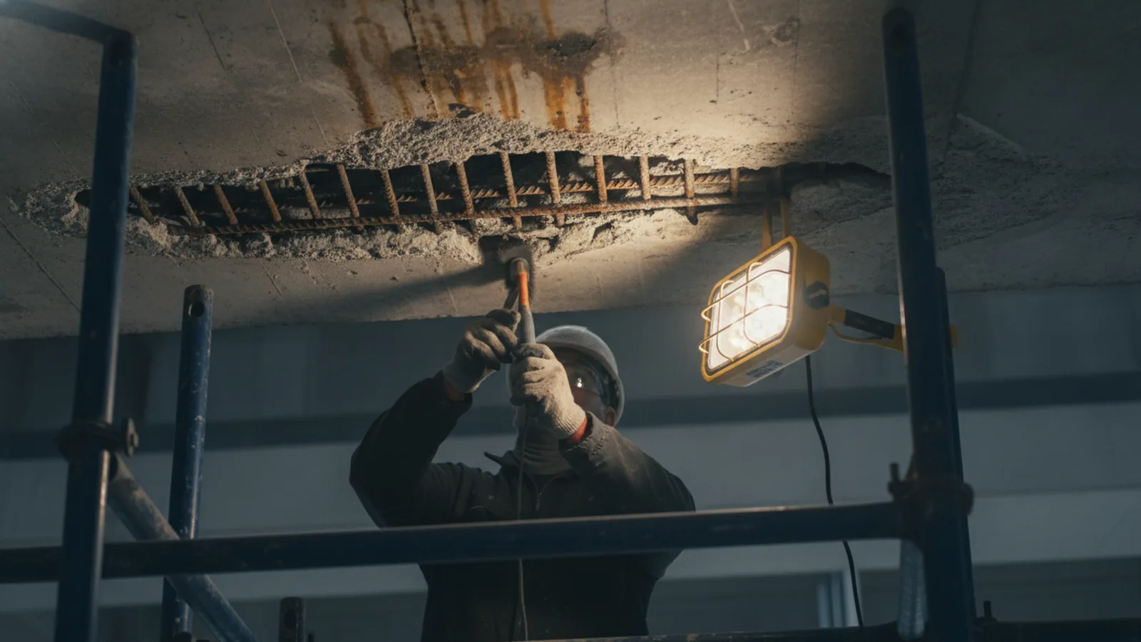 A concrete beam soffit with cover concrete broken away to expose rust-stained reinforcement bars, a worker on scaffoldin