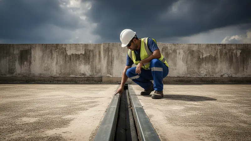 A site engineer in a hard hat crouching on a sunlit concrete terrace beside an open movement joint, where a plain metal