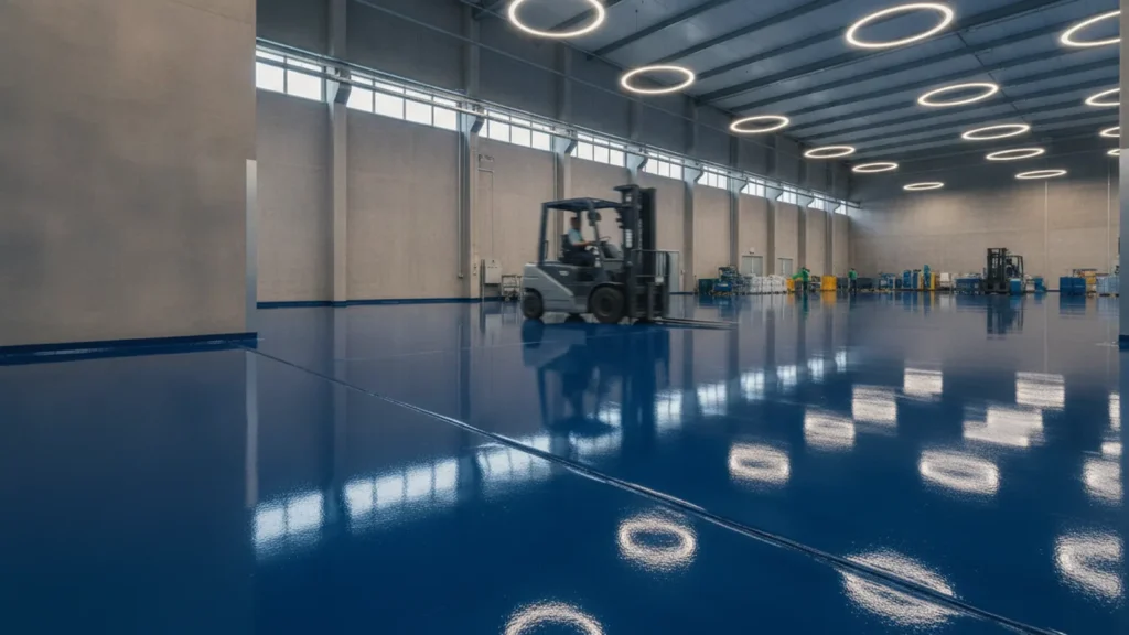 A wide interior view of a seamless resin-coated factory floor, glossy and reflecting overhead lighting, an unbranded for