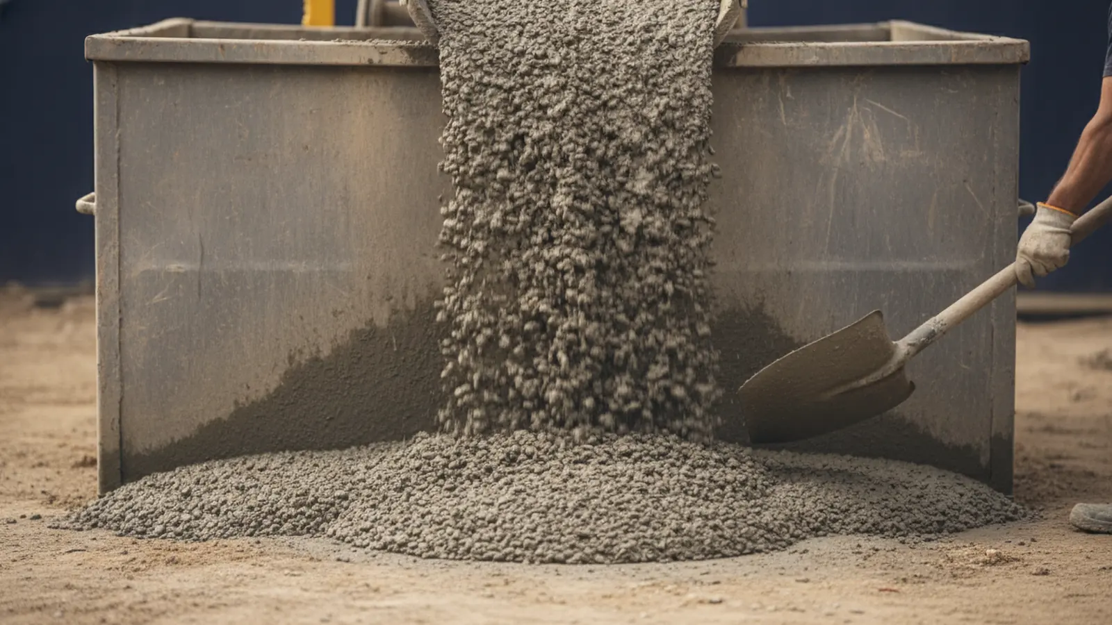 Tight low-angle photograph of fresh grey concrete falling in a thick stream from an unseen chute into a plain steel site skip, aggregate and