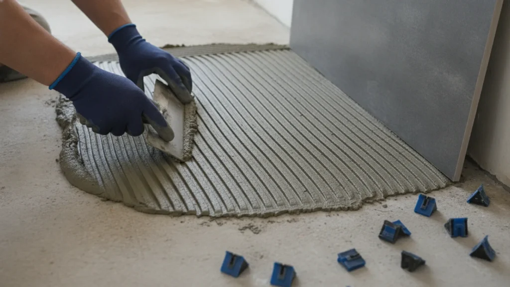 Close-up of gloved hands combing ridged adhesive across a grey screed with a large square-notch trowel, a big dark porce