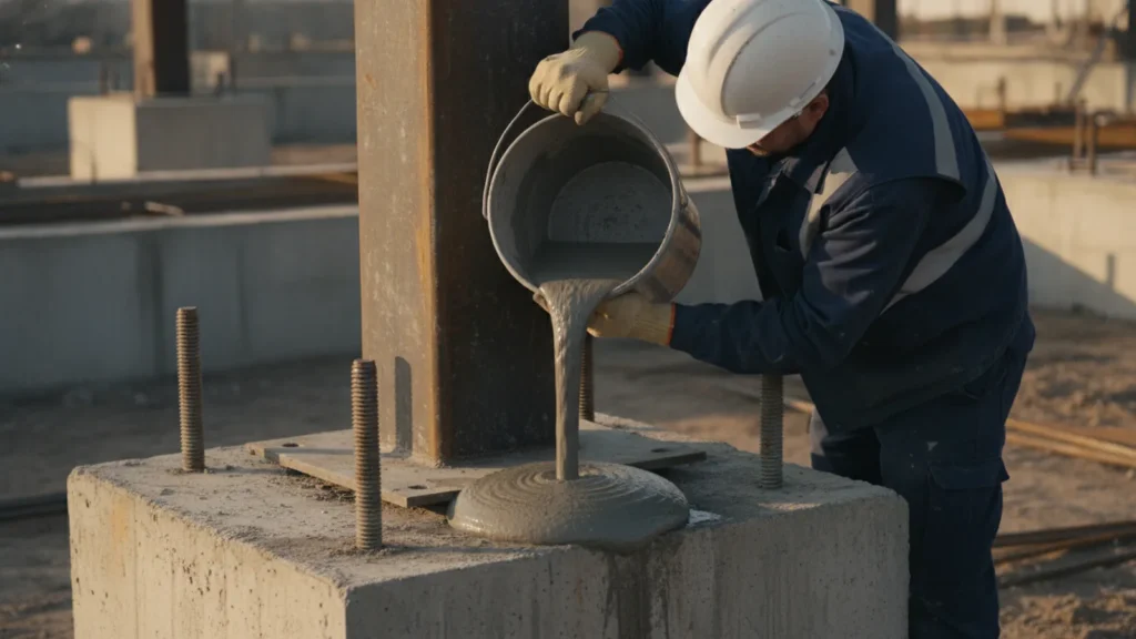 A site engineer in a hard hat and gloves pouring flowing grey grout from a plain unmarked bucket into the gap beneath a