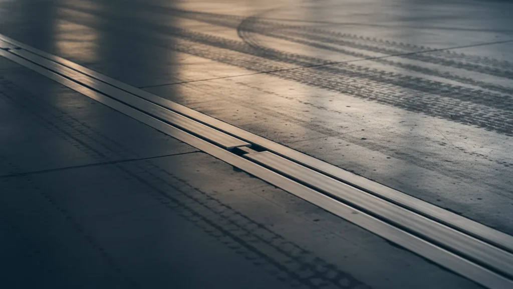 Close-up along a wide aluminium expansion joint cover running across a grey polished concrete warehouse floor, forklift
