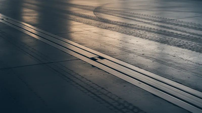 Close-up along a wide aluminium expansion joint cover running across a grey polished concrete warehouse floor, forklift