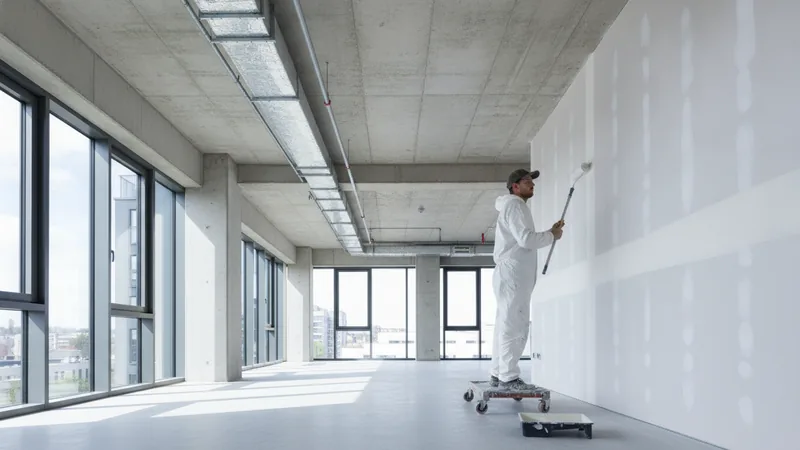 An interior painter on a low platform rolling pale coating onto a plasterboard wall in a bright, empty, newly finished o