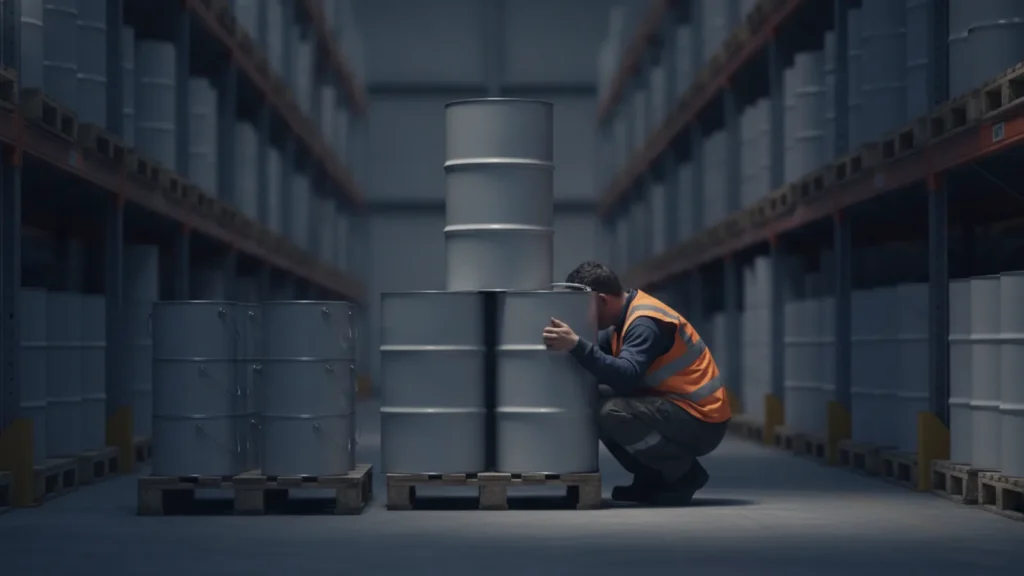 A stack of unmarked steel drums and plain sealed pails on wooden pallets in a shaded warehouse aisle, a storeman in a hi