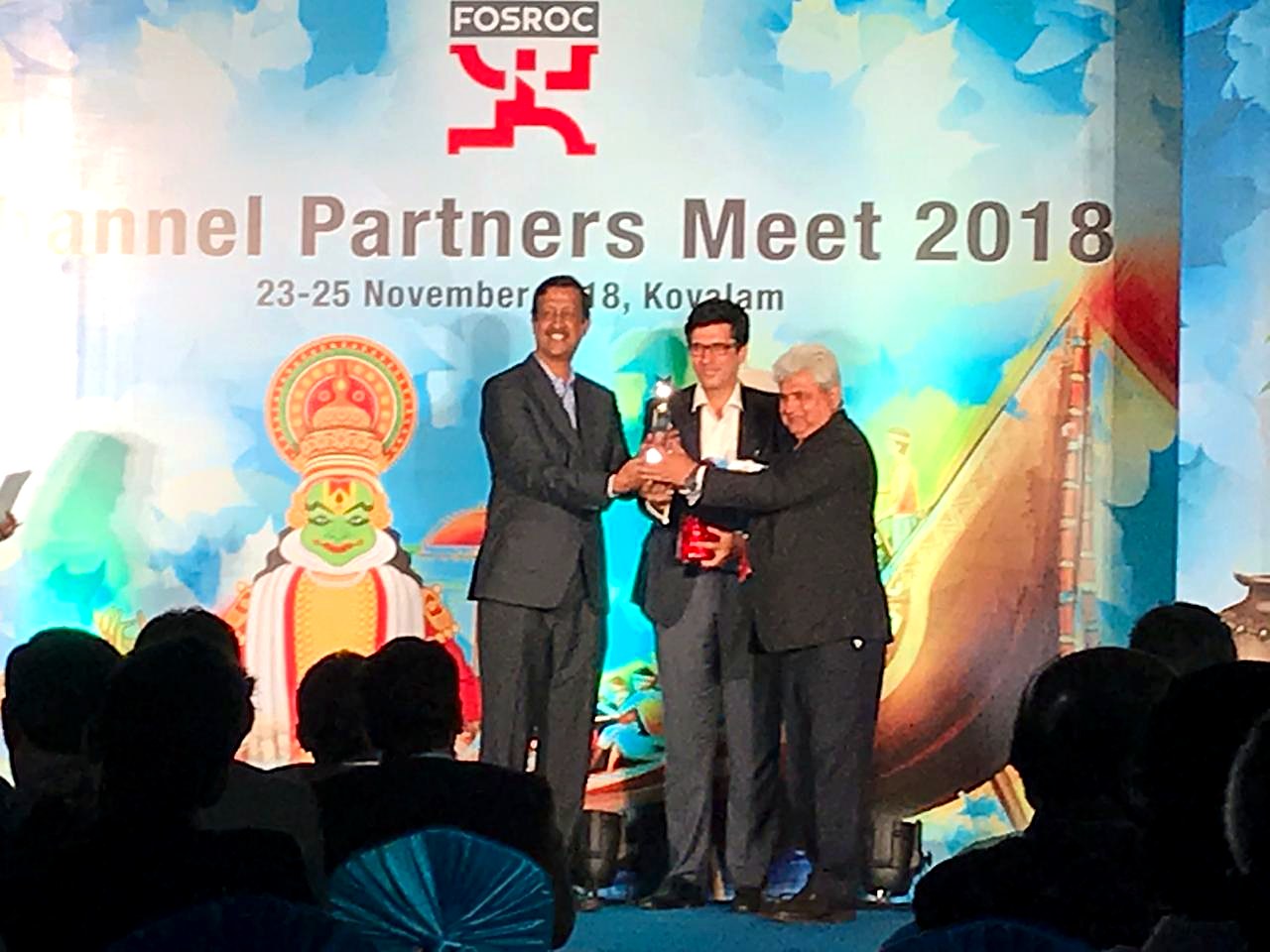 Space Arc Engineering receiving an award on stage at the Fosroc Channel Partners Meet 2018 in Kovalam