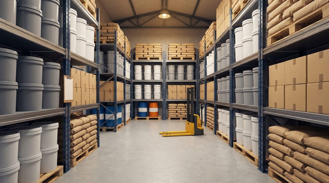 Space Arc Engineering warehouse stocked with construction chemical materials