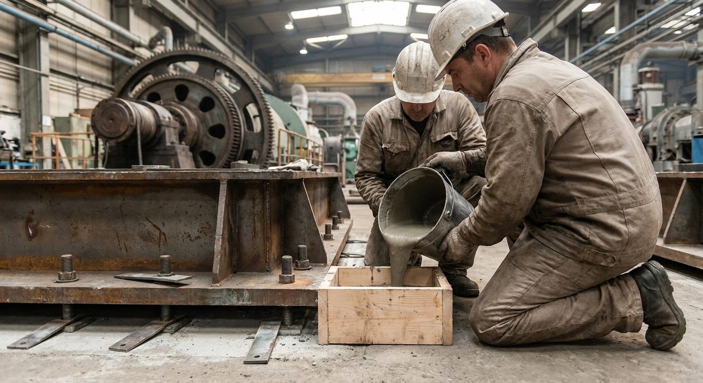 Technicians grouting a steel machine baseplate on a concrete foundation inside a plant