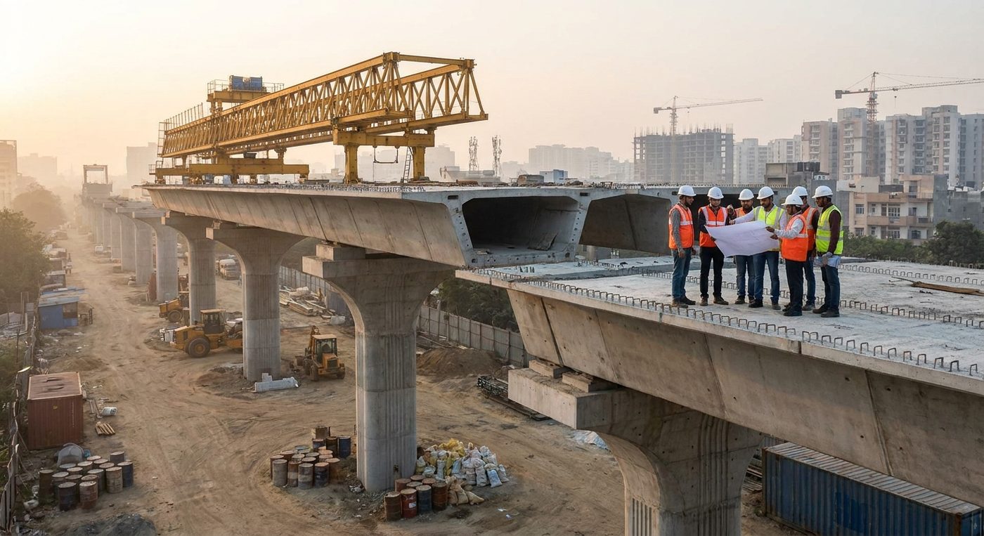 Precast segmental box girders on piers with a launching gantry on an Indian metro viaduct
