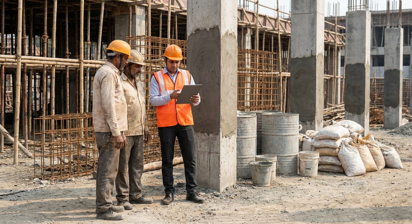 Technical representative reviewing a tablet with contractors beside repaired concrete columns