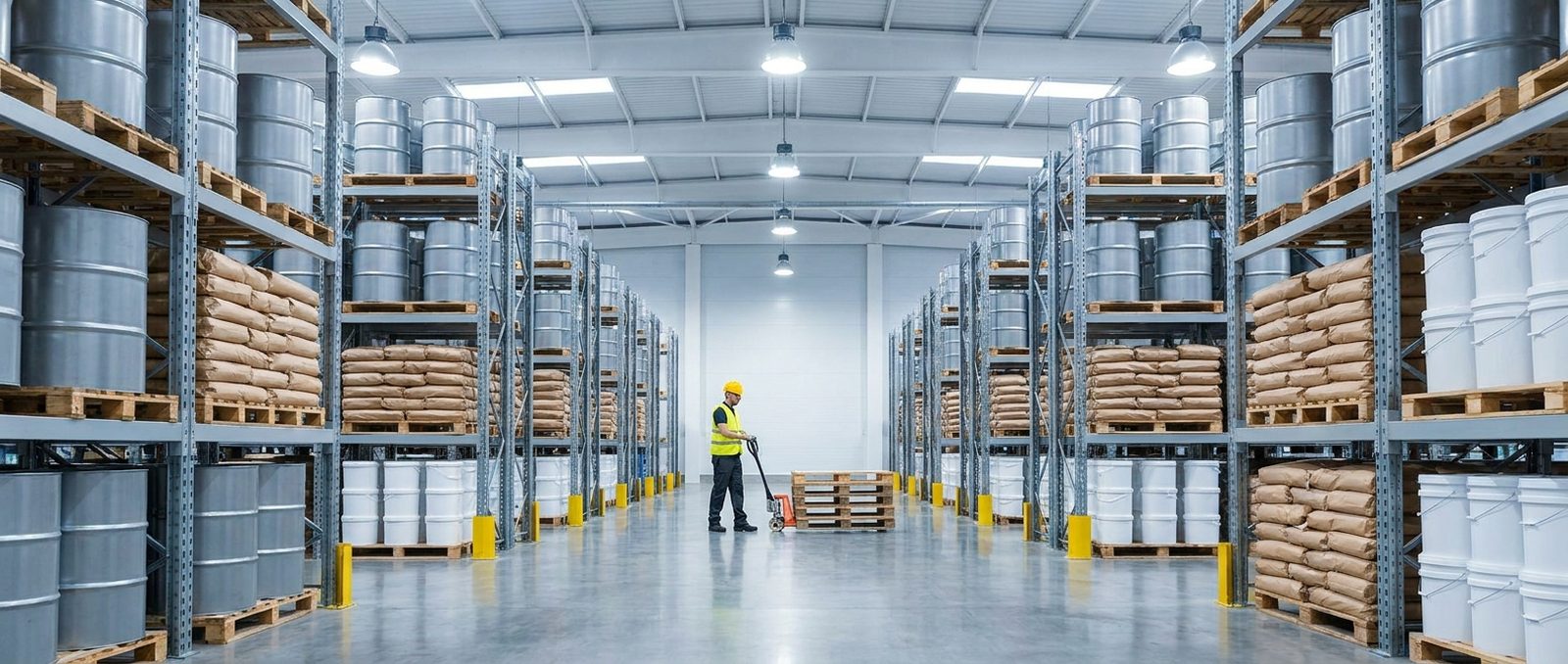 Space Arc Engineering construction-chemicals warehouse with racked drums and pails