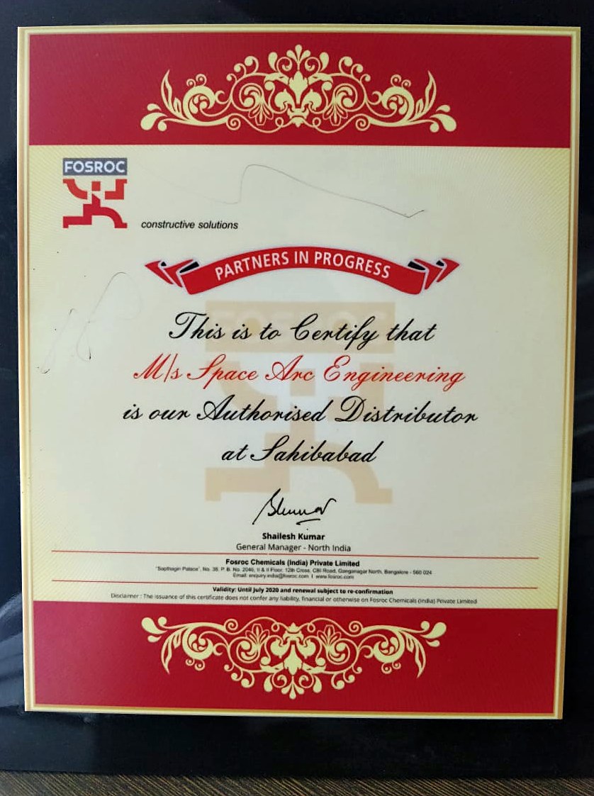 Fosroc Partners in Progress certificate naming Space Arc Engineering as Authorised Distributor at Sahibabad