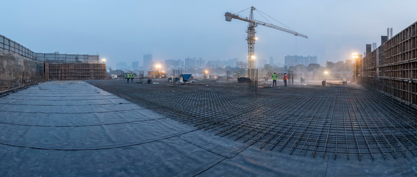 Reinforced concrete basement raft under construction, reinforcement laid over a pre-applied waterproofing membrane
