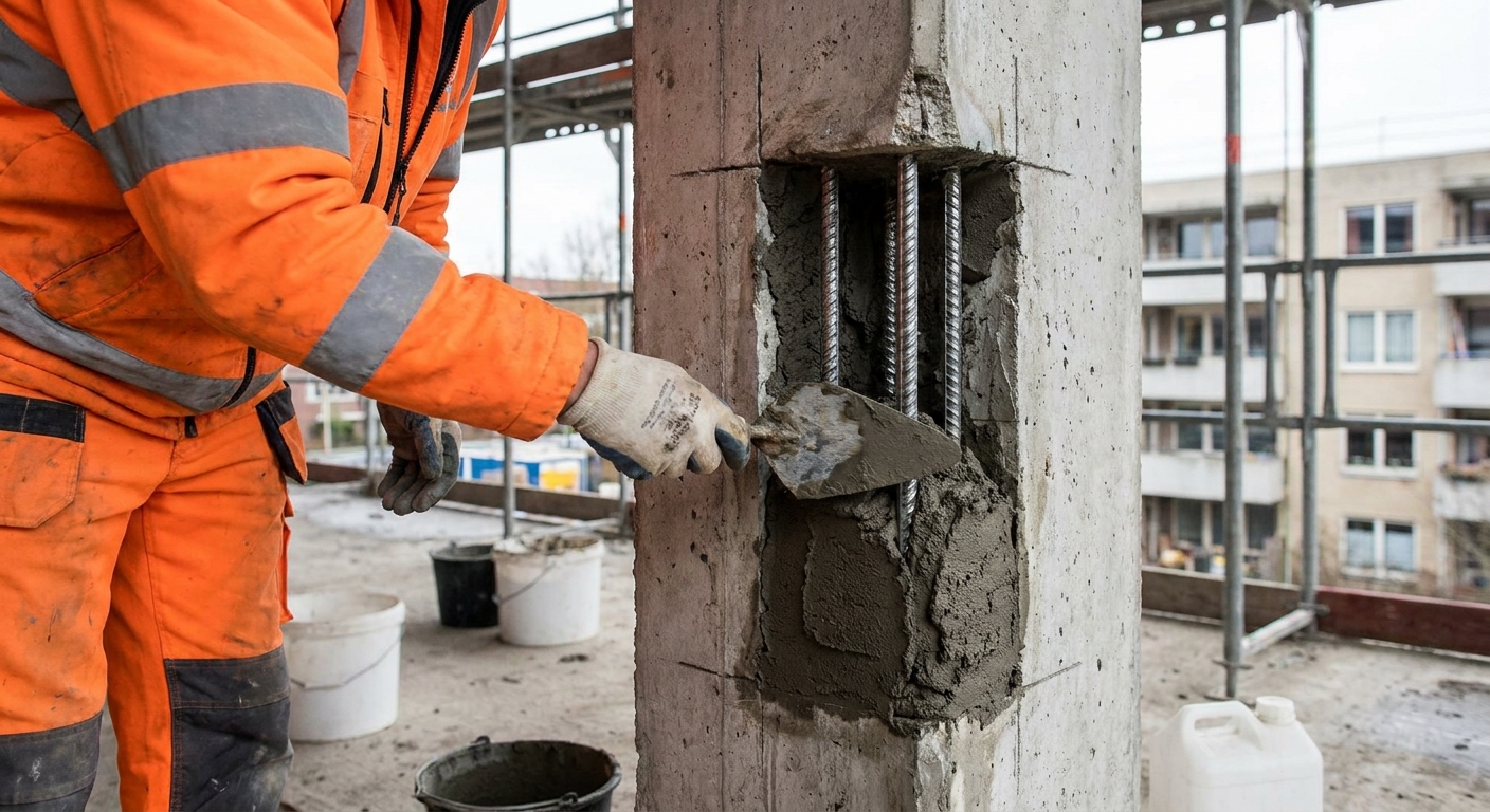 Cover blown, rebar showing, honeycombing at a construction joint.