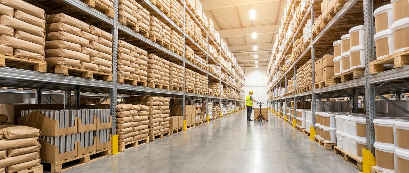 Space Arc Engineering warehouse racking stocked with non-shrink grout, epoxy precision grout and resin anchoring products
