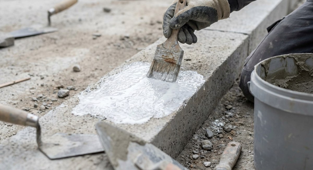 Latex bonding agent brushed onto a prepared concrete surface before repair mortar is applied