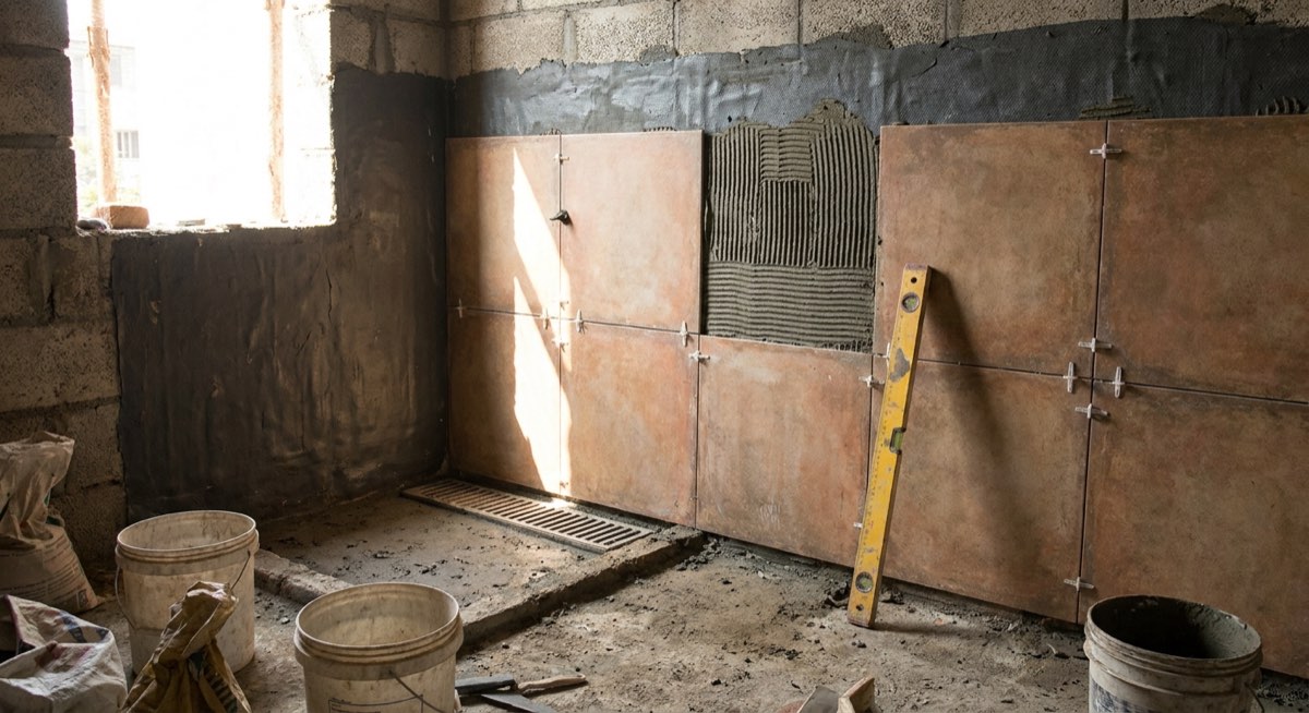 Large-format wall tiles being fixed over a waterproof membrane in a bathroom under construction
