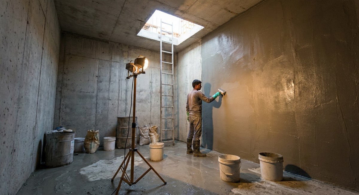 Cementitious waterproof coating being brush-applied inside a reinforced concrete underground water tank