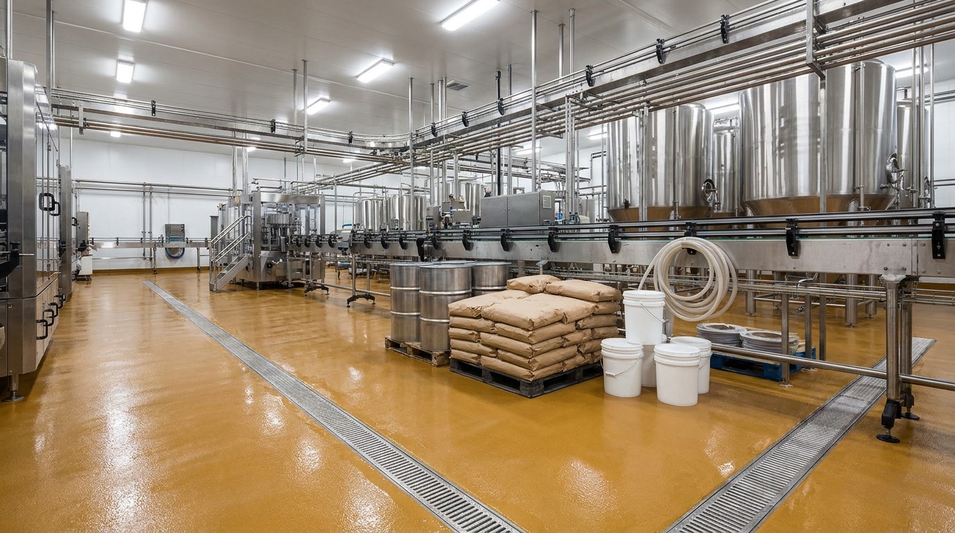 Heavy-duty seamless polyurethane floor with coved skirtings and drainage in a beverage plant