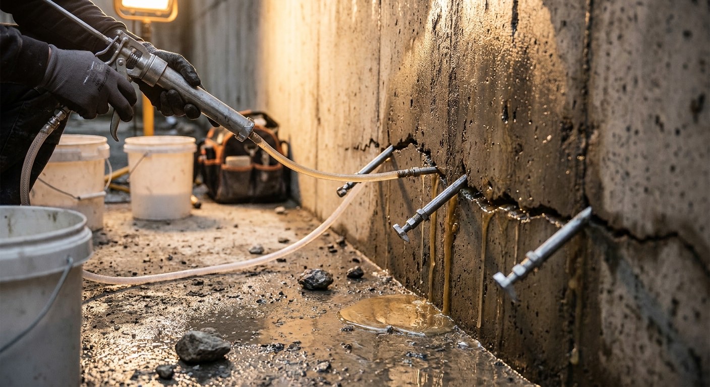 Steel injection packers drilled into a cracked concrete retaining wall with a resin injection gun