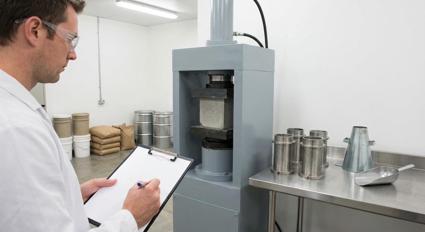 Concrete cube under load in a compression testing machine in a materials laboratory