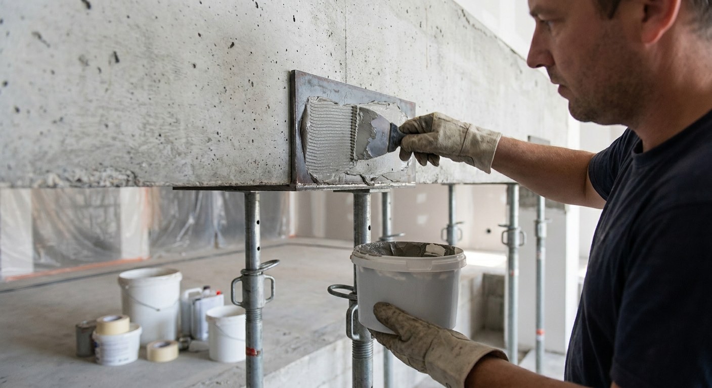 Technician bonding a steel plate to a concrete beam soffit with structural epoxy adhesive