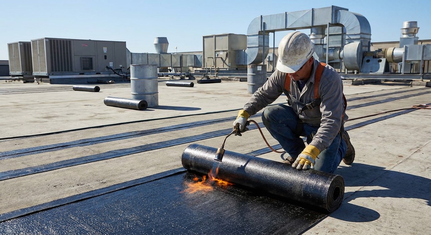 Torch-applied bituminous waterproofing membrane being installed on a flat industrial roof