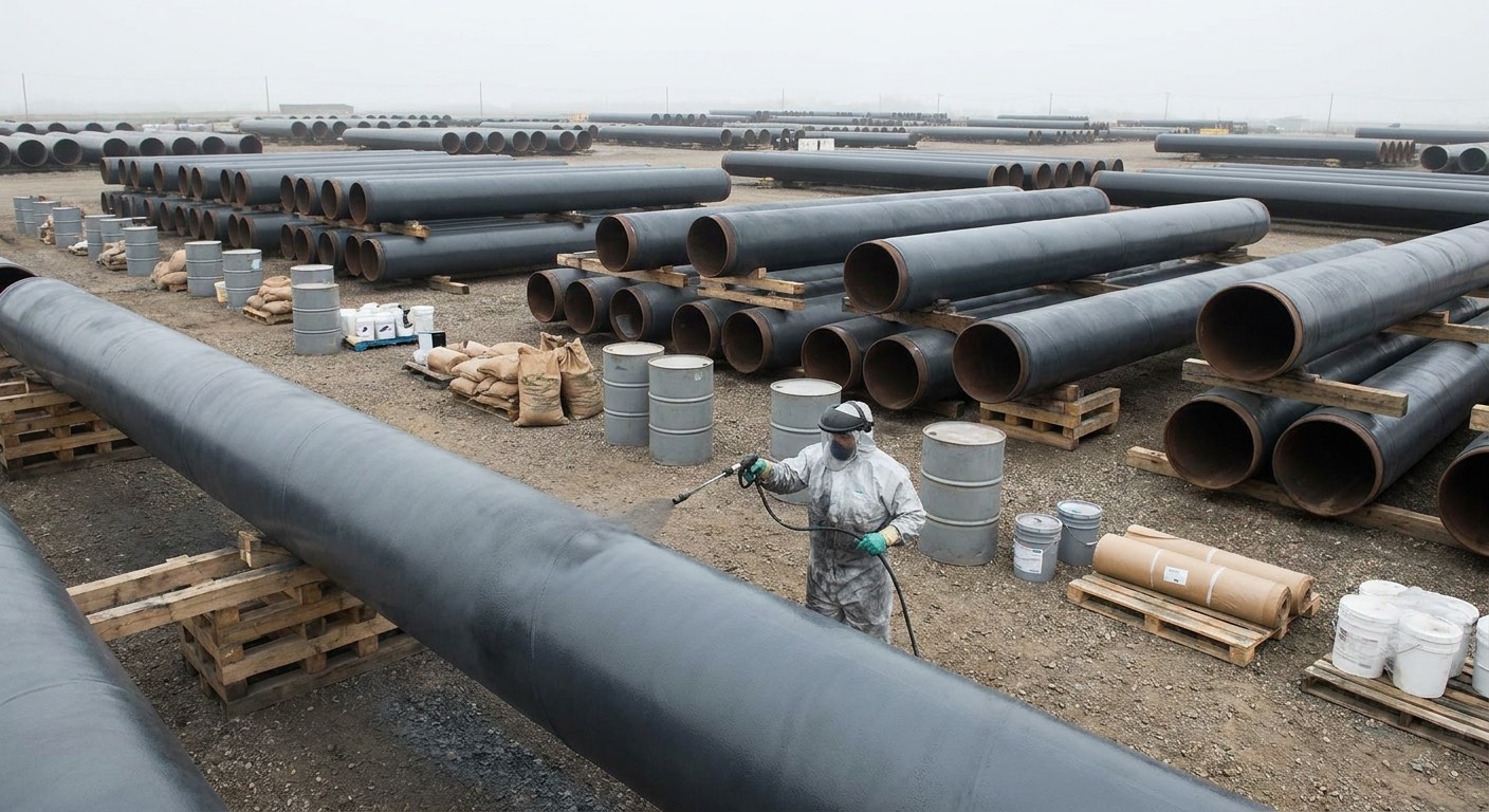 Large-diameter steel pipeline sections being protective-coated in an industrial yard