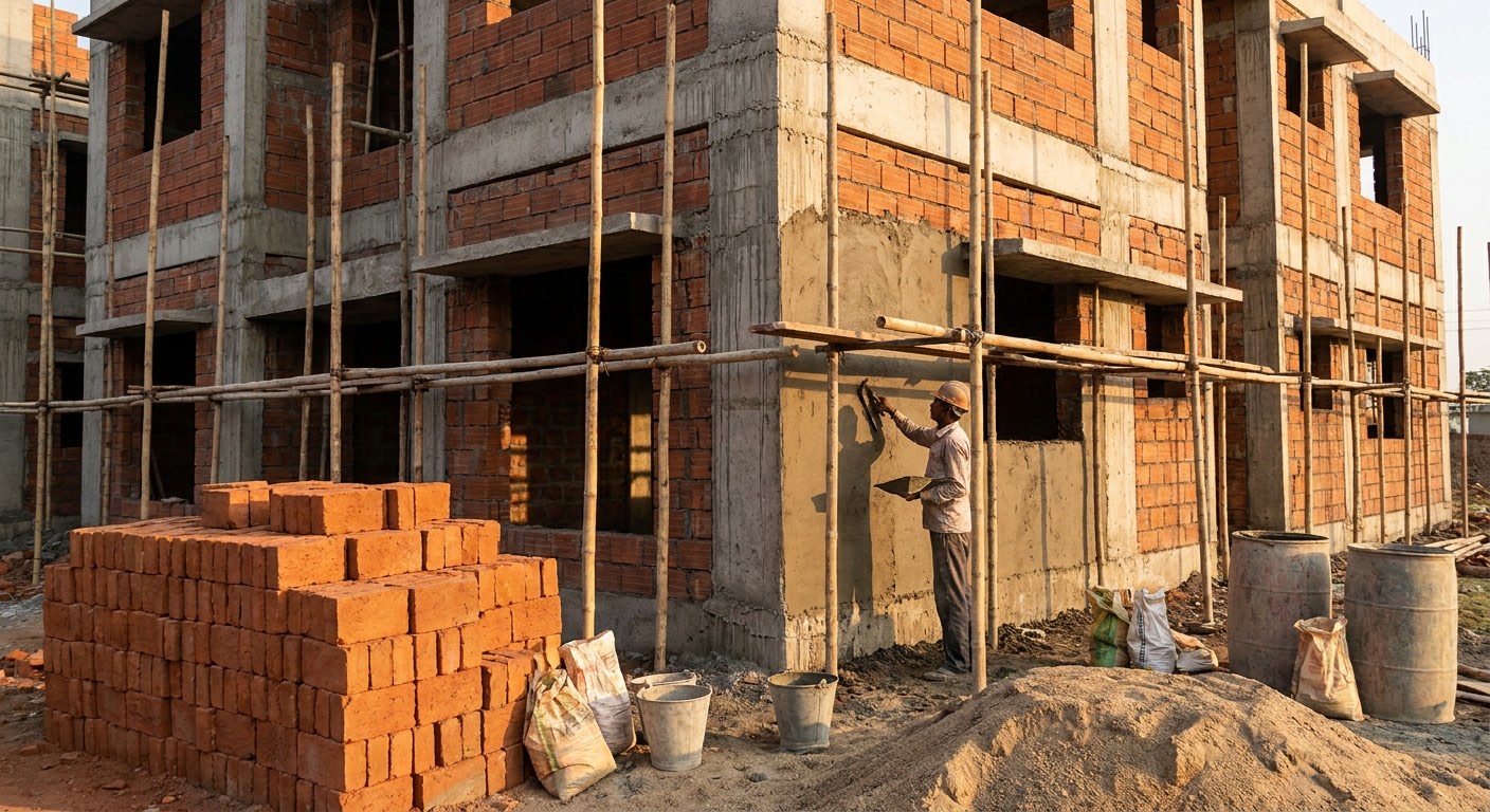 Mason applying cement plaster on an Indian residential construction site with block infill walls