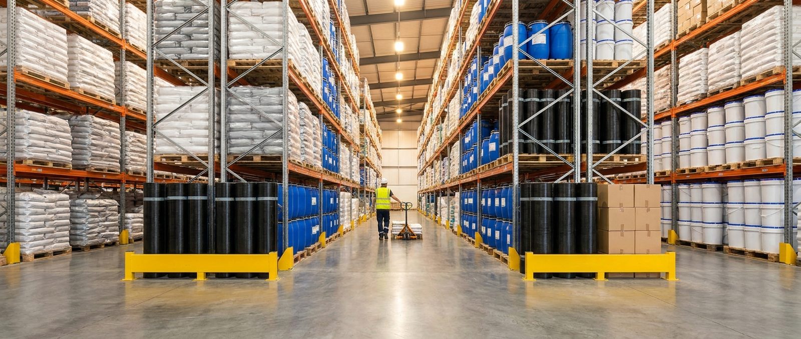 Space Arc Engineering warehouse racking stocked with waterproofing membranes, coatings and admixture drums