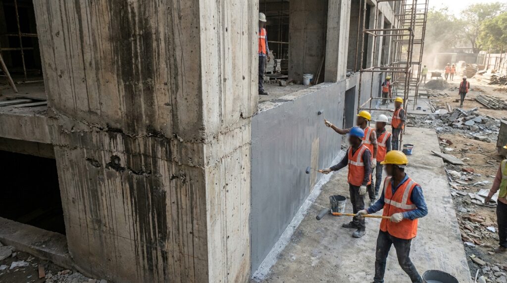 Carbonation on exposed RCC - Exposed concrete facades are staining and deteriorating early.