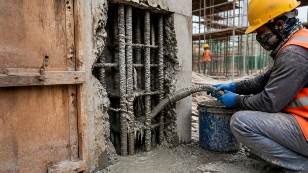 Honeycombing found at formwork strike - Voids show when the formwork comes off.